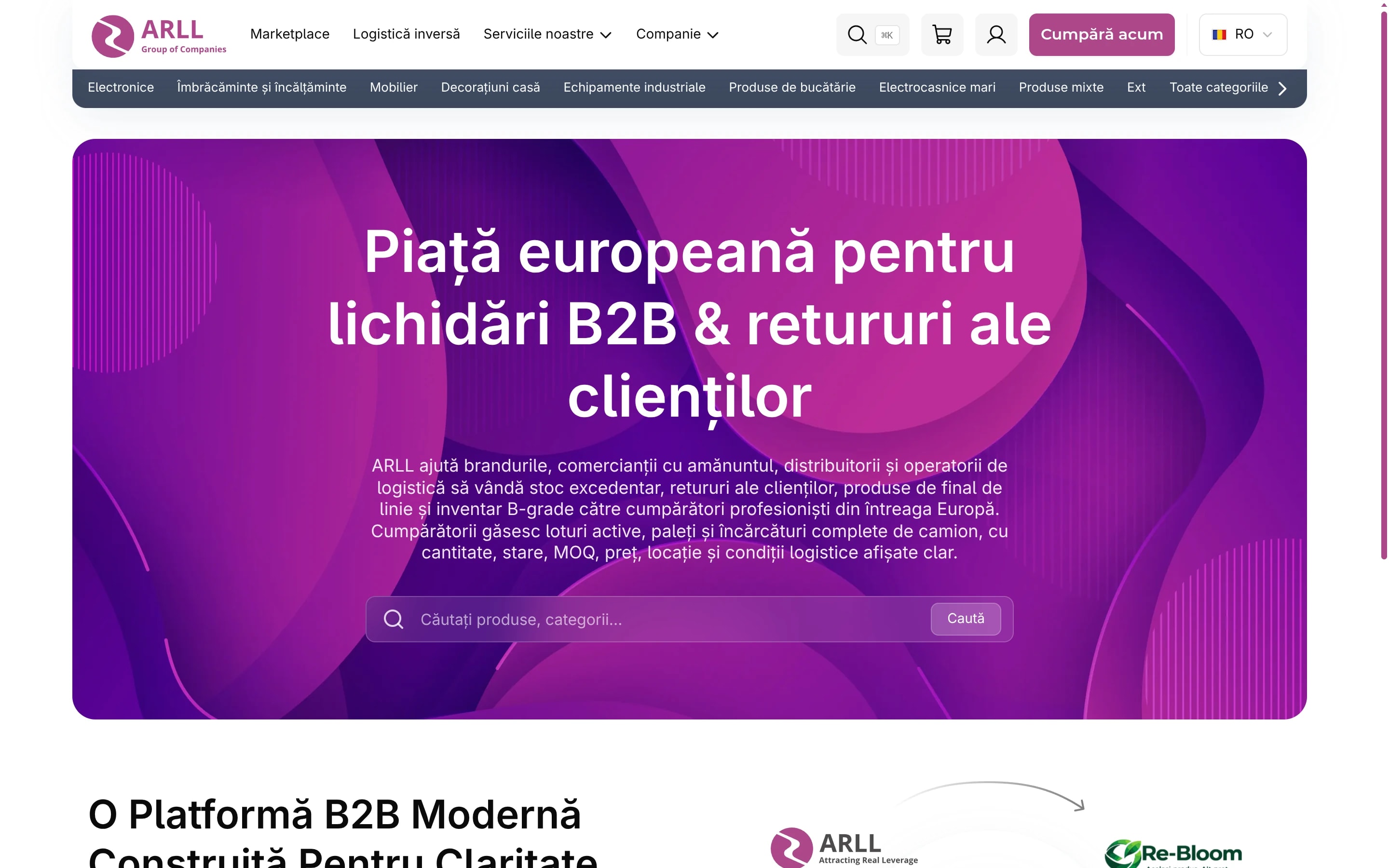 Pagina publică ARLL: piață europeană B2B pentru lichidări și retururi.