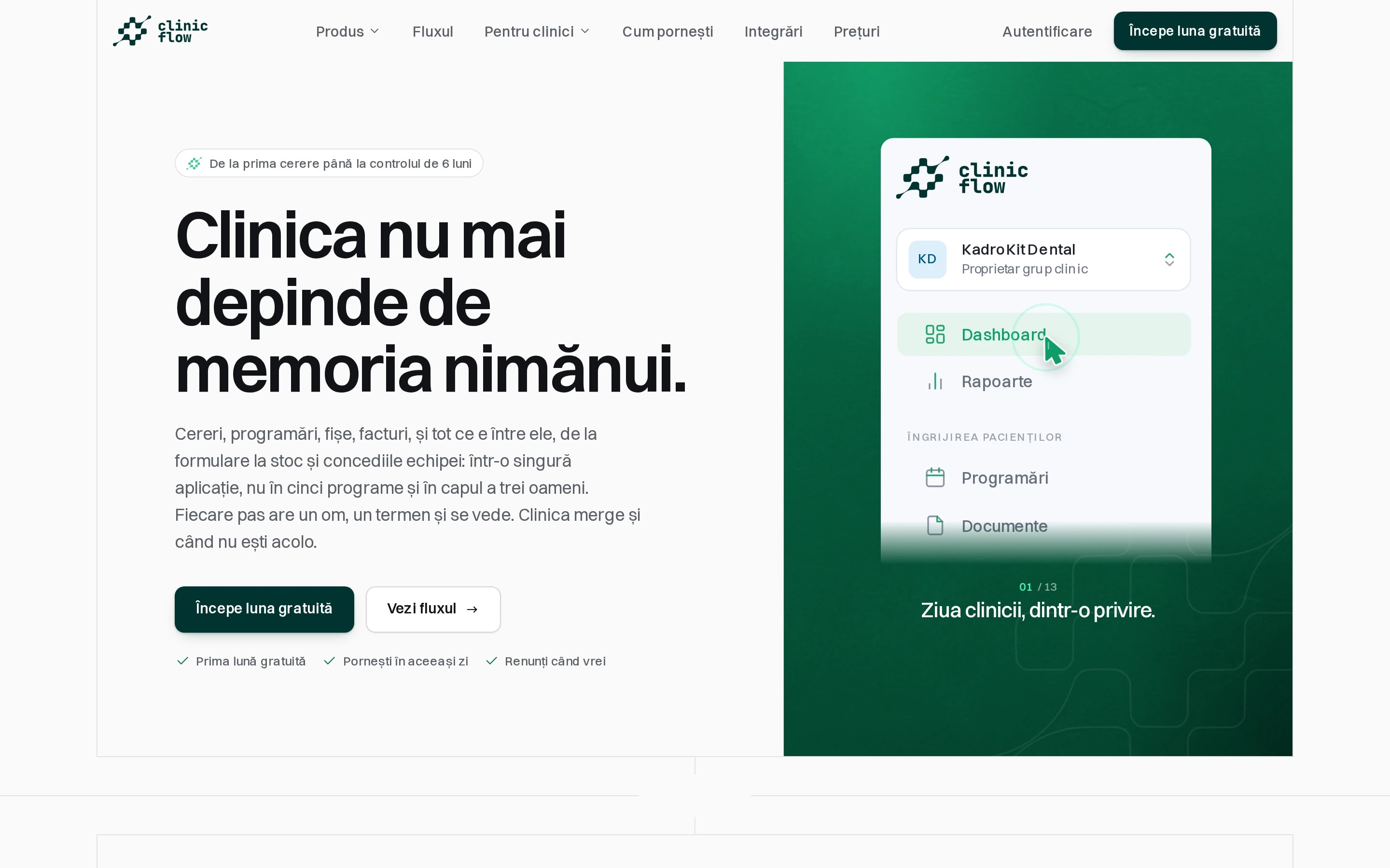 Pagina publică ClinicFlow: sistemul de operare al clinicii, cu prima lună gratuită.